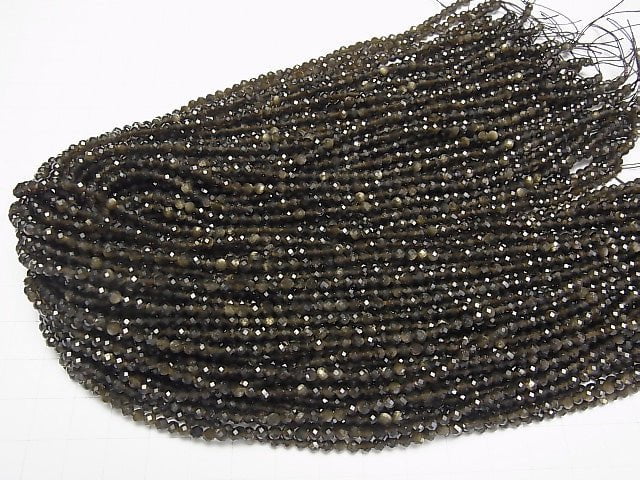 [Video] 1strand $4.79! High Quality! Golden Sheen Obsidian AAA Small Size Faceted Round 3mm 1strand beads (aprx.15inch / 38cm)