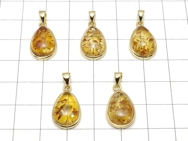 [Video] Baltic Amber Pear shape Pendant 15x11mm 18KGP 1pc