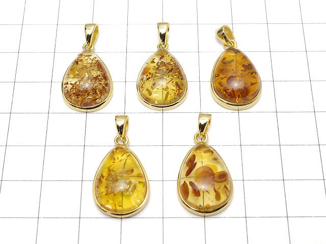 [Video] Baltic Amber Pear shape Pendant 19x14mm 18KGP 1pc