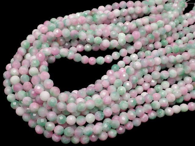 Pink & Green Jade 64Faceted Round 6mm 1strand beads (aprx.15inch / 37cm)