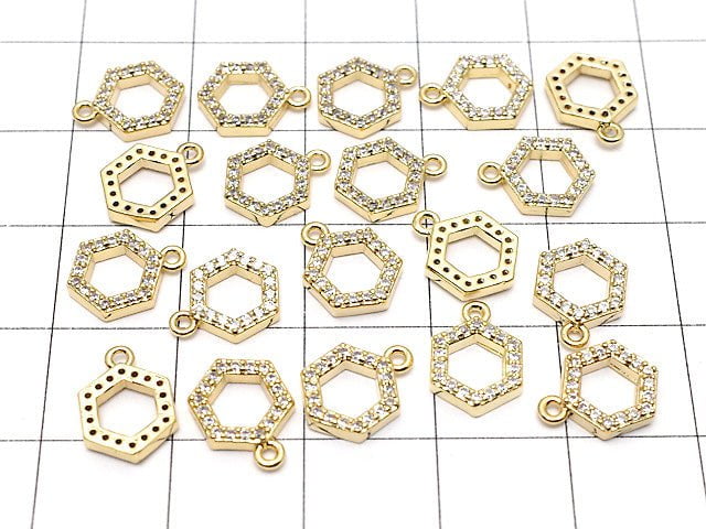 Metal Parts Hexagon Charm w / CZ Gold Color 3pcs