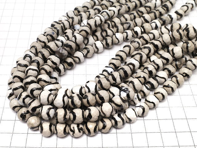 [Video] Black Line Carved Agate Faceted Round 10mm 1strand beads (approx. 14 inches/34 cm)