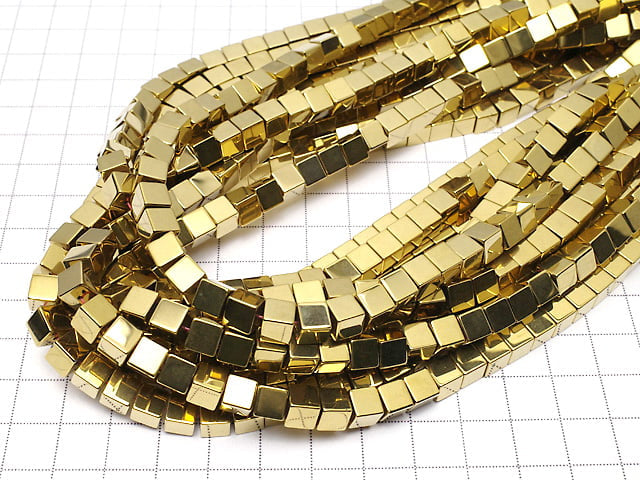 [Video] Hematite Cube 6 x 6 mm x 6 mm gold coating 1 strand beads (aprx.15 inch / 38 cm)