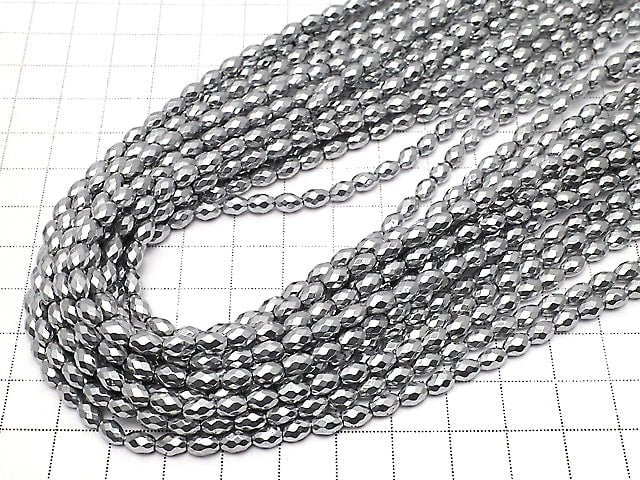 [Video] Hematite Faceted Rice 6 x 4 mm x 4 mm Silver coating 1 strand beads (aprx.15 inch / 38 cm)