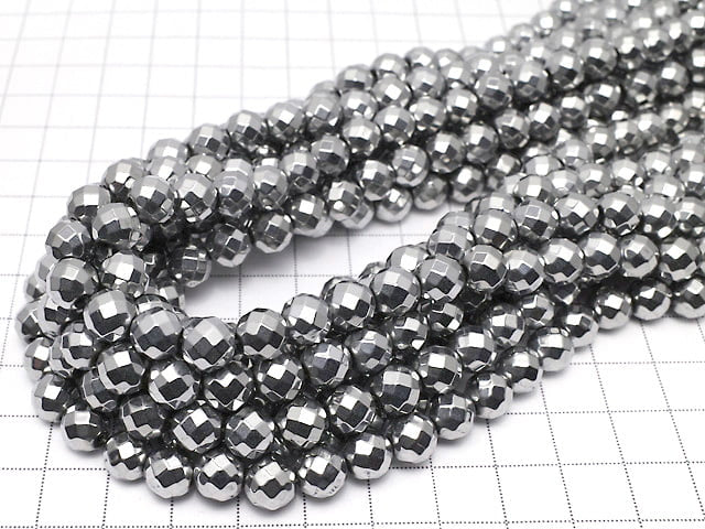 Magnetic! Hematite 64 Faceted Round 8 mm silver coating 1 strand