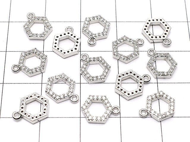 3pcs $3.79! Metal Parts Hexagon Charm w / CZ Silver Color 3pcs