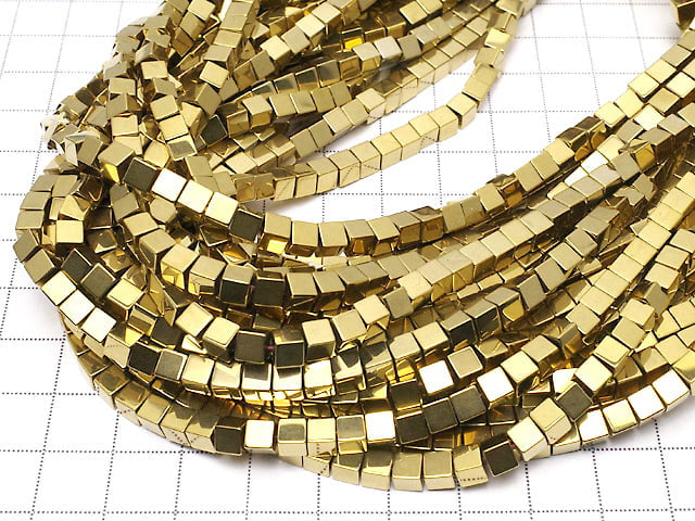 [Video] Hematite Cube 4 x 4 mm x 4 mm gold coating 1 strand beads (aprx.15 inch / 38 cm)
