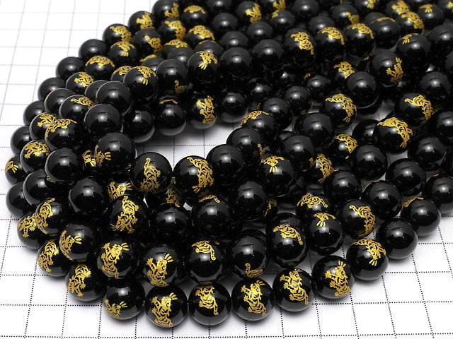 Golden! [Tiger, Four Divine Beasts] Carved! Onyx Round 10mm, 12mm, 14mm half or 1strand beads (aprx.15inch / 36cm)