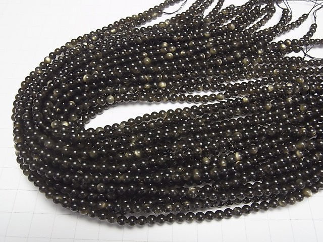 [Video] Golden Sheen Obsidian AAA Round 4mm 1strand beads (aprx.15inch / 38cm)