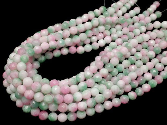 Pink & Green Jade 64Faceted Round 8mm 1strand beads (aprx.15inch / 37cm)