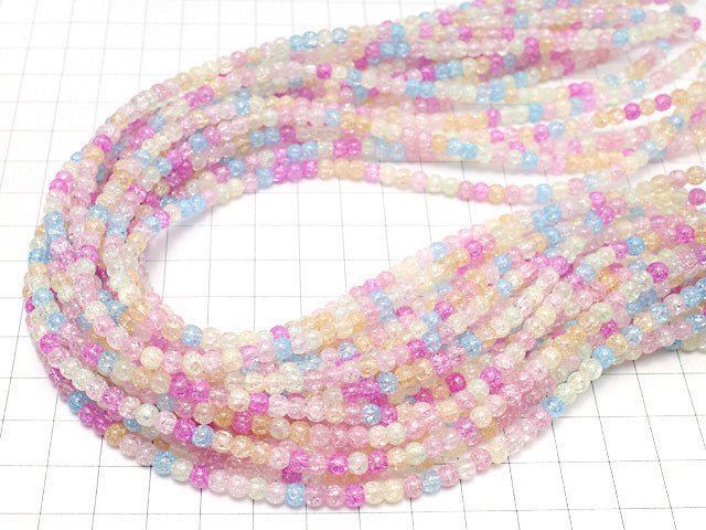 Multi Color Cracked Crystal Round 4mm Pastel 1strand beads (aprx.14inch / 35cm)