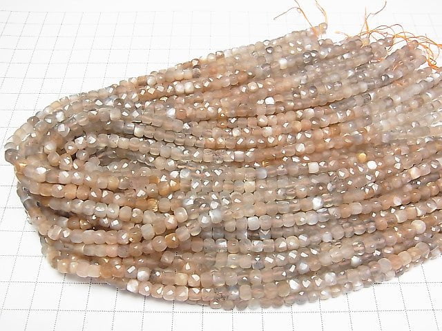 High Quality! Silver Sheen Brown & Gray Moonstone AA++ Cube Shape 4x4x4mm half or 1strand beads (aprx.15inch / 37cm)