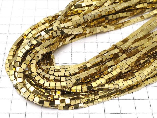 [Video] Hematite Cube 3x3mm x 3mm gold coating 1strand beads (aprx.15inch / 38cm)