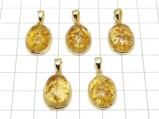 [Video] Baltic Amber Oval Pendant 17x13mm 18KGP 1pc