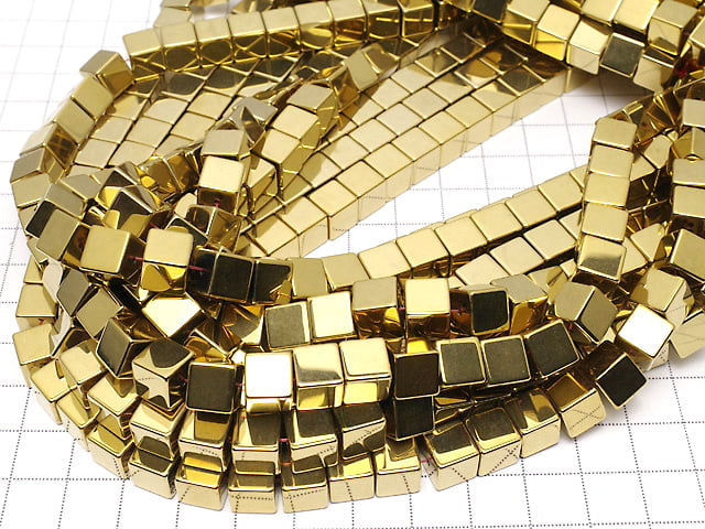 [Video] Hematite Cube 8 x 8 mm x 8 mm gold coating 1 strand beads (aprx.15 inch / 38 cm)