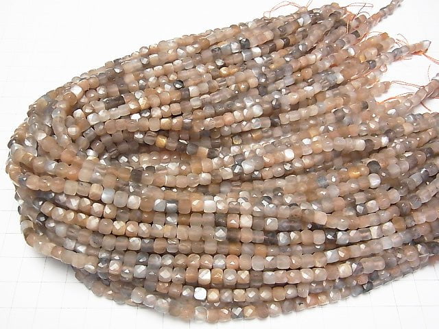 [Video] High Quality! Silver Sheen Brown & Gray Moonstone AA++ Cube Shape 5x5x5mm half or 1strand beads (aprx.15inch / 37cm)