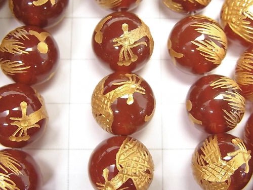 Golden! Phoenix (Four Divine Beasts) Carving! Red Agate Round 10 mm, 12 mm, 14 mm 1/4 or 1strand