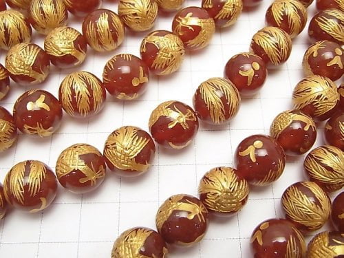 Golden! Phoenix (Four Divine Beasts) Carving! Red Agate Round 10 mm, 12 mm, 14 mm 1/4 or 1strand