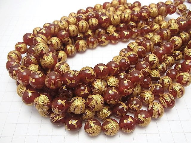 Golden! Phoenix (Four Divine Beasts) Carving! Red Agate Round 10 mm, 12 mm, 14 mm 1/4 or 1strand