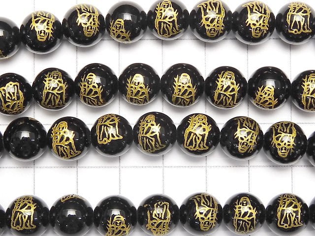 Golden! Seven Lucky Gods, Jurojin's Carved! Onyx AAA Round 10mm, 12mm, 14mm half or 1strand beads (aprx.15inch / 37cm)