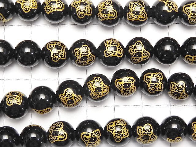 Golden! Seven Lucky Gods, Carved of Budai! Onyx AAA Round 10mm, 12mm, 14mm half or 1strand beads (aprx.15inch / 37cm)