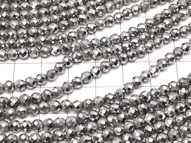 Magnetic! Hematite 32Faceted Round 4mm Silver Coated 1strand beads (aprx.15inch/37cm)