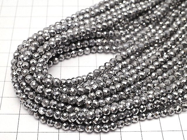 Magnetic! Hematite 32Faceted Round 4mm Silver Coated 1strand beads (aprx.15inch/37cm)