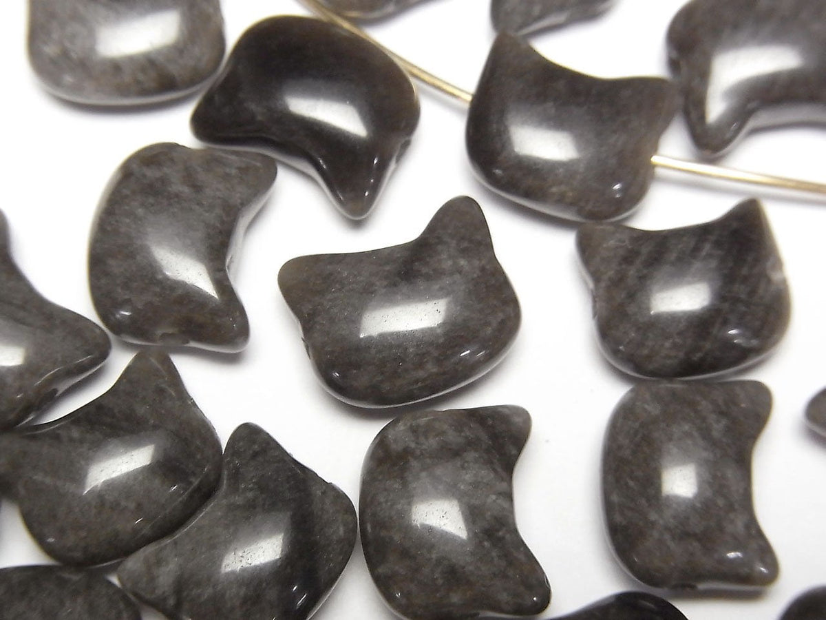 Obsidienne argentée motif chat 10x12mm [Trou horizontal] 2pcs