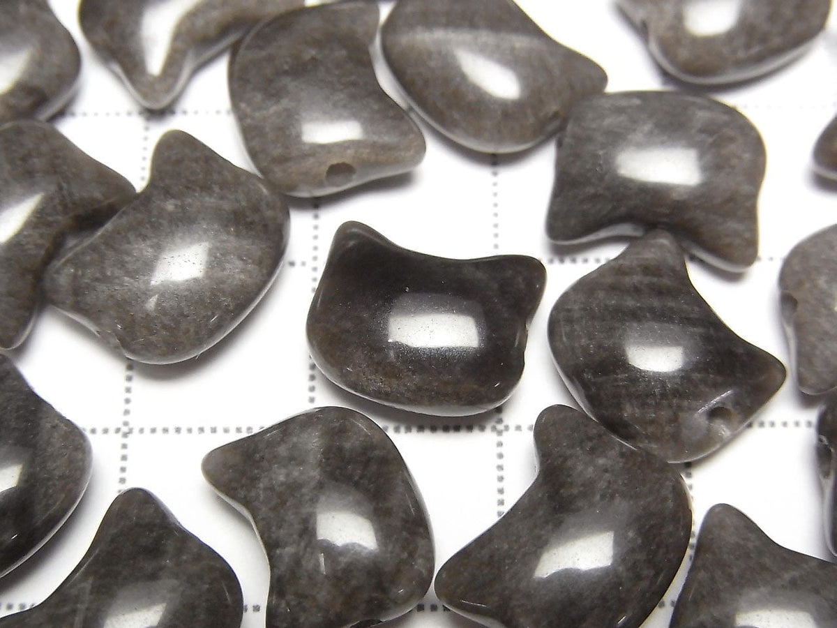 Obsidienne argentée motif chat 10x12mm [Trou horizontal] 2pcs