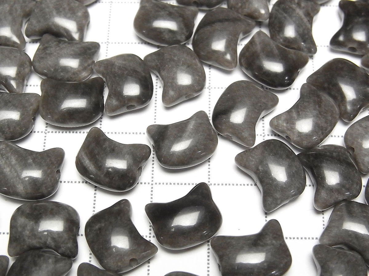 Silver Obsidian Cat Motif 10x12mm [Horizontal hole] 2pcs