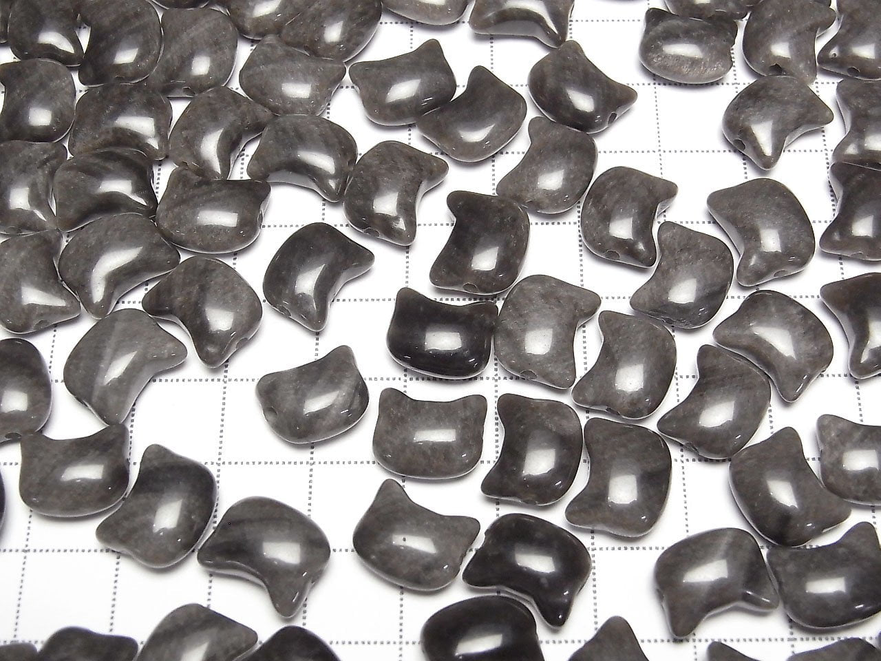Silver Obsidian Cat Motif 10x12mm [Horizontal hole] 2pcs
