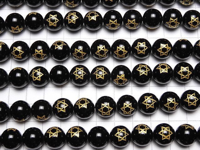 Golden! 6-pointed star Carving! Onyx Round 10 mm, 12 mm, 14 mm half or 1 strand beads (aprx.15 inch / 38 cm)