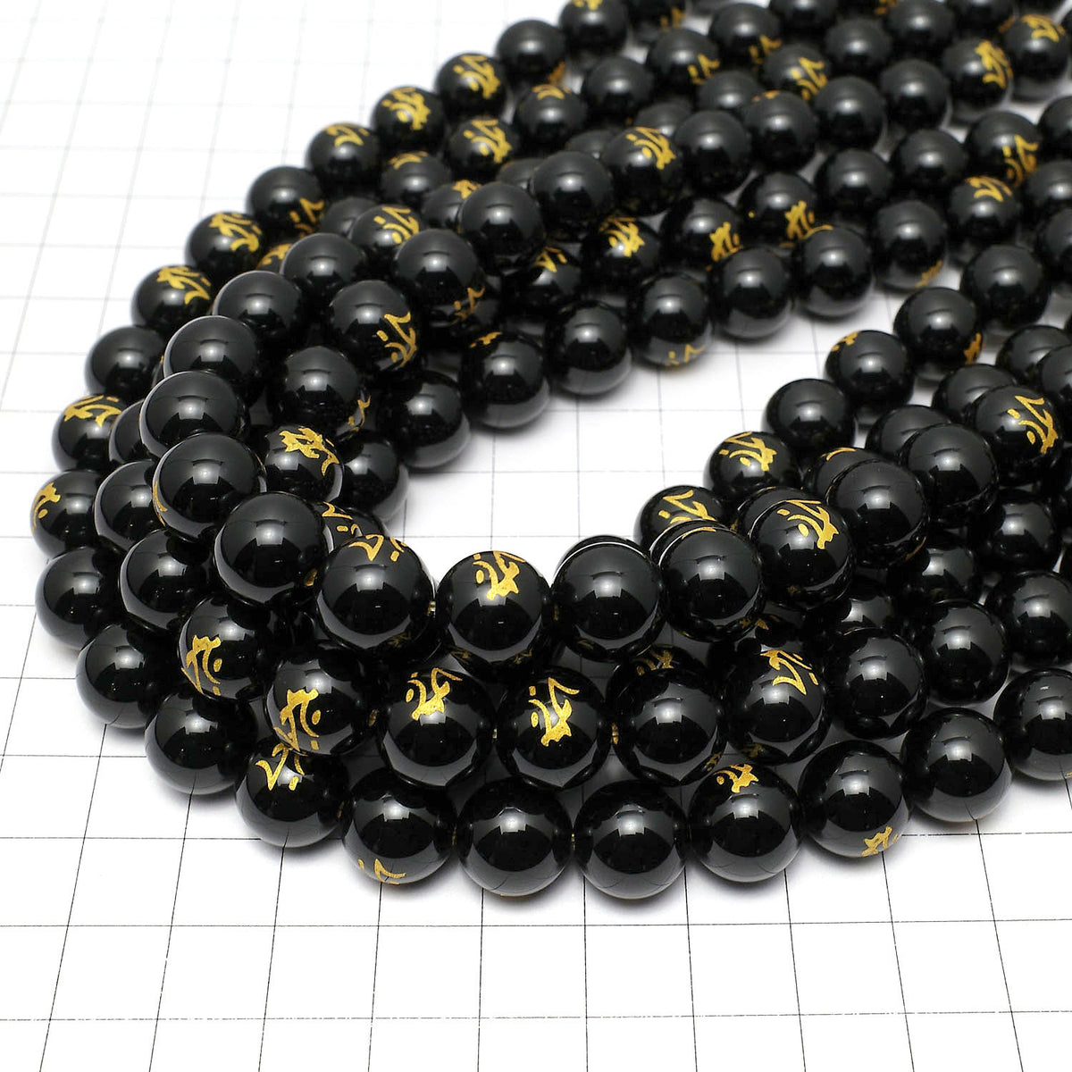 Golden! Tarak (Sanskrit Characters) Carved! Onyx Round [10mm] [12mm] [14mm] [16mm] half or 1strand