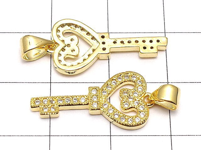 Metal Parts Heart & key motif with CZ Pendant 21 x 10 mm 18 KGP 1 pc