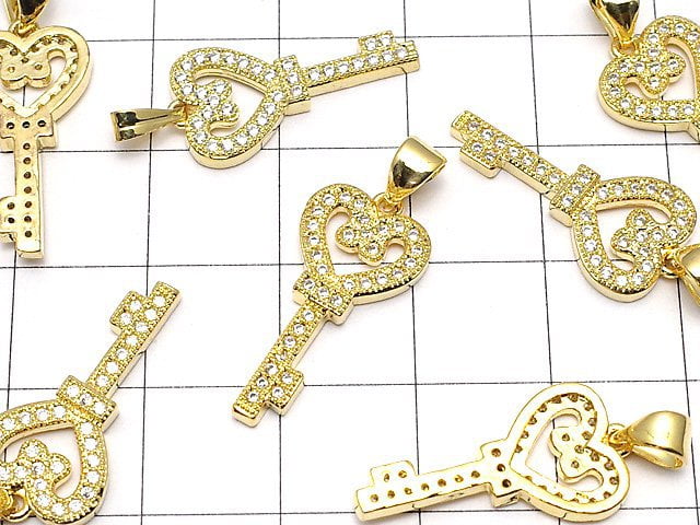 Metal Parts Heart & key motif with CZ Pendant 21 x 10 mm 18 KGP 1 pc