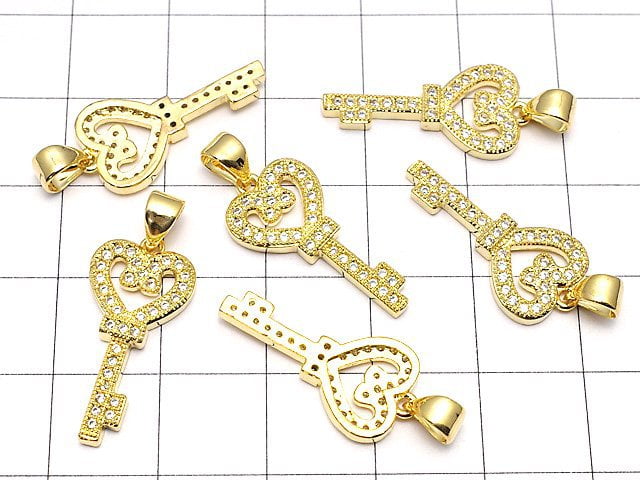 Metal Parts Heart & key motif with CZ Pendant 21 x 10 mm 18 KGP 1 pc