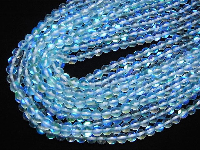 [Video] Aqua Blue Luna Flash Round 6mm 1strand beads (aprx.15inch/36cm)