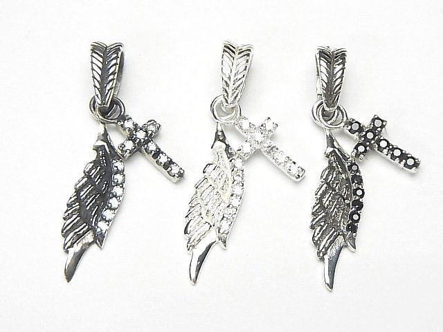 Silver925 Cross Feather Pendant with Motif w/CZ 1pc