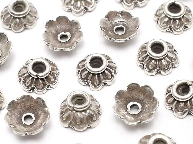 Karen Silver Bead Caps, Flower Design, 9x9x4mm, 2pcs