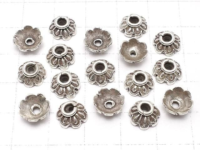 Karen Silver Bead Caps, Flower Design, 9x9x4mm, 2pcs