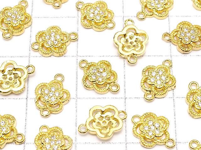 金屬連接件花卉設計 10.5x8毫米 金色 (帶鋯石) 1個