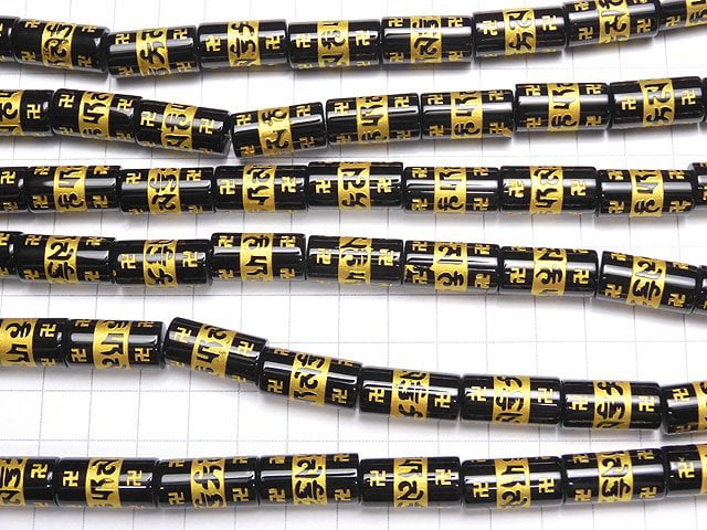 Golden! Six-syllable Mantra Carving! Onyx Cylinder (Tube) Shape 20 x 10 x 10 mm half or 1 strand beads (aprx.15 inch / 36 cm)