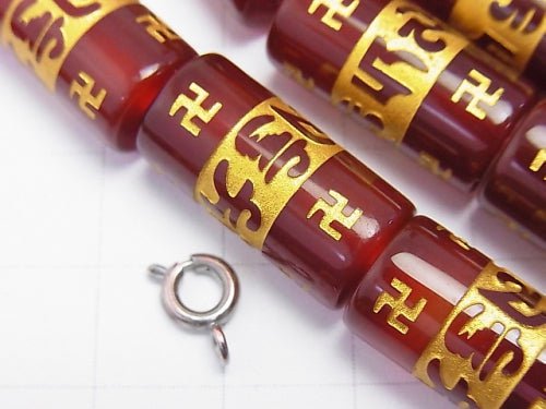 Golden! Six-syllable Mantra Carving! Red Agate Cylinder (Tube) Shape 20 x 10 x 10 mm half or 1 strand beads (aprx.15 inch / 36 cm)