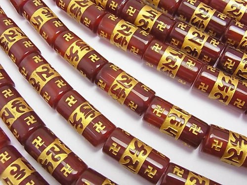 Golden! Six-syllable Mantra Carving! Red Agate Cylinder (Tube) Shape 20 x 10 x 10 mm half or 1 strand beads (aprx.15 inch / 36 cm)