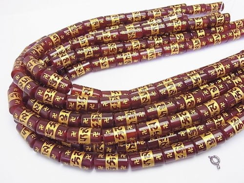 Golden! Six-syllable Mantra Carving! Red Agate Cylinder (Tube) Shape 20 x 10 x 10 mm half or 1 strand beads (aprx.15 inch / 36 cm)