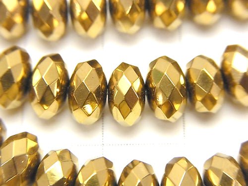 Hematite Faceted Button Roundel 8 x 8 mm x 5 mm gold coating half or 1 strand beads (aprx.15 inch / 38 cm)