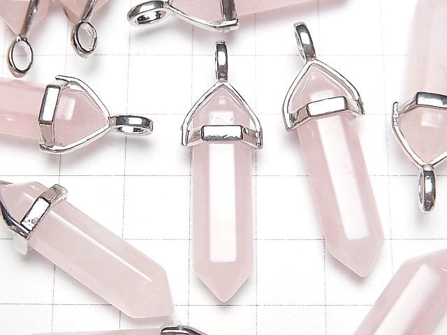 Rose Quartz AA++ Double Point Pendant 32x8x8mm Silver Color 1pc