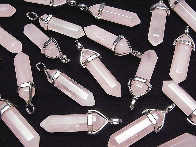 Rose Quartz AA++ Double Point Pendant 32x8x8mm Silver Color 1pc