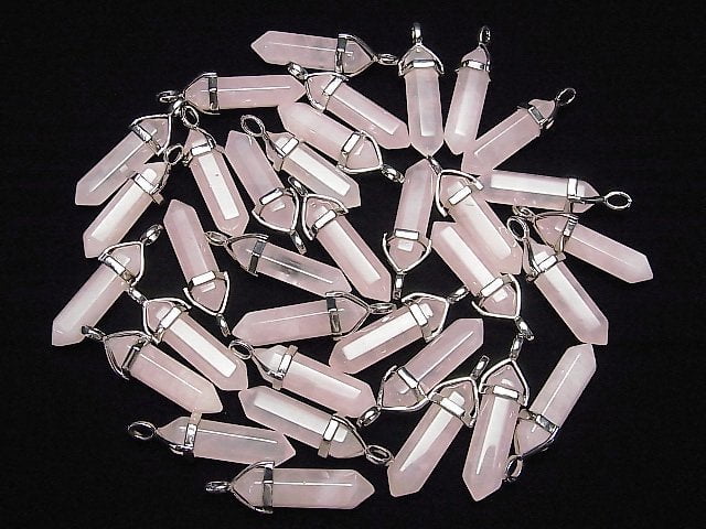 Rose Quartz AA++ Double Point Pendant 32x8x8mm Silver Color 1pc