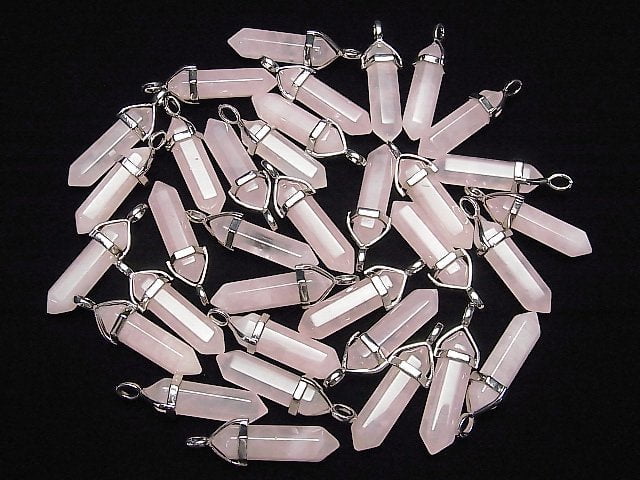 Rose Quartz AA++ Double Point Pendant 32x8x8mm Silver color 3pcs